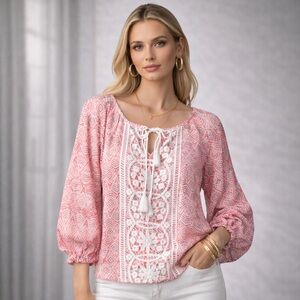 🌸 Aeropostale Boho Crochet Peasant Top | Coral & White Geometric Lace Blouse ✨
